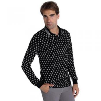 Polo de Manga Larga Bendorff para Hombre con Mini Print y Cuello Jacquard Negro (XL) - Casual, Algodón, Clásico