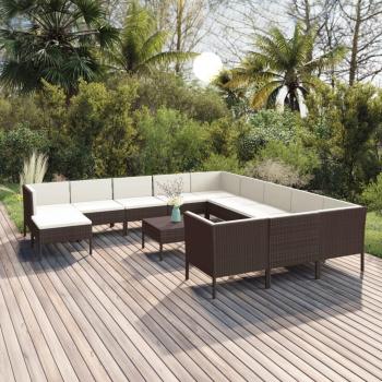 13-Piece Brown Poly Rattan Garden Lounge Set with Cushions