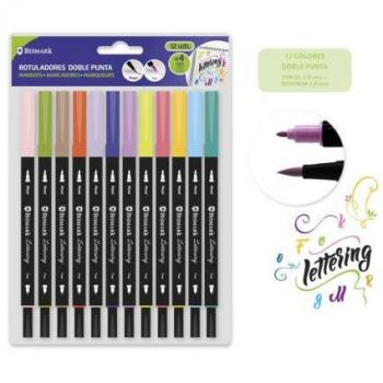 Bismark 330114 Rotuladores de Doble Punta para Lettering con Colores Azul, Marrón, Cian, Verde, Limón, Mauve, Naranja, Rosa, Púrpura, Ro