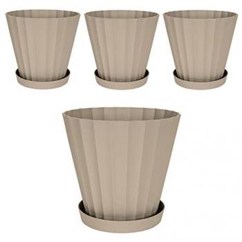 Set de 4 Macetas Redondas Plastiken Doric con Platos Incluidos - 22 cm, Capacidad 5L, Color Taupe