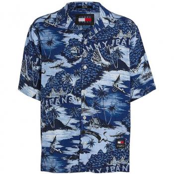 Tommy Jeans Men's Blue Hawaiian Printed Short Sleeve Shirt Size M