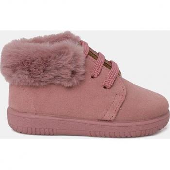 Botitas de bebé niña de piel serraje con cuello de pelo, cordones y raso