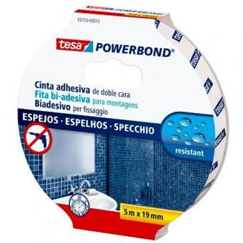 tesa Powerbond Cinta Doble Cara ESPEJOS , Cinta Doble Cara para Espejos , Cinta Adhesiva Resistente a la Humedad para Baños y Duchas , 5 m x 19 mm
