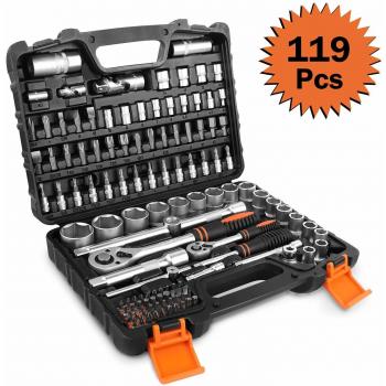 TACKLIFE Juego de Llaves de Vaso, Profesionales, 119 Piezas, Llave de Carraca Reversible de 1/2y 1/4, Manija Giratoria, Barra de Extensión, Kit de Herramientas Mecánicas para el Auto - SWS5A