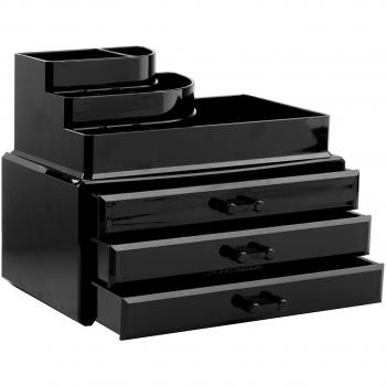 Organizador de cosméticos con 3 cajones y varios compartimentos superiores, RAN7320, Fabricado en poliestireno, negro, 24 x 15 x 18,7 cm