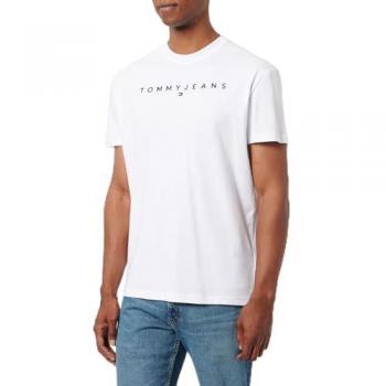 Camiseta Tommy Jeans Hombre Blanco M con Logo Lineal y Costura de Etiqueta, Ajuste Regular, Manga Corta