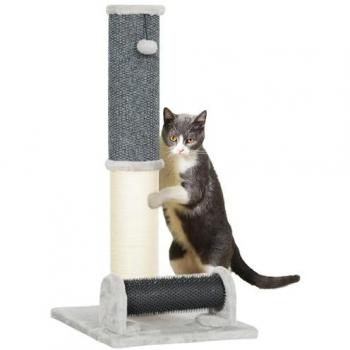 Poste Rascador para Gatos 85 cm con Sisal, Cepillo de Auto Acicalado y Bola de Juguete - Gris y Crema