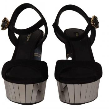 Dolce & Gabbana Black Crystals Ankle Strap Platform Sandals - EU38.5/US8, High Heel Sandals, female, Color: Black, Size: 8 1/2 US