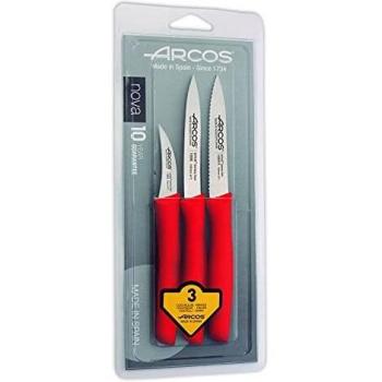 Arcos Serie Nova, Set 3 pzas. Cuchillos Mondadores, Hoja de Acero Inoxidable de 60 mm y 100 mm y 100 mm, Mango de Polipropileno Color Rojo