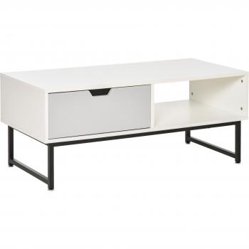 Mesa de Centro para Salón Moderna con Estante Abierto Cajón y Patas Elevadas 106x48x43 cm Blanco