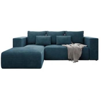 Sofá rinconero Arvada 116, azul, con función de descanso y caja de ropa de cama, dimensiones 255 x 91 x 161 cm
