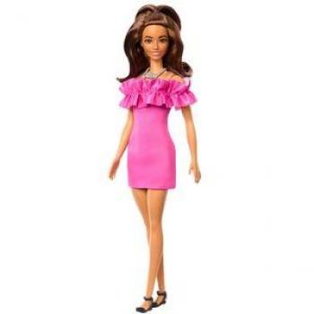 Muñeca Barbie Fashionista con vestido rosa con volantes de Mattel, cabello ondulado, incluye accesorios y es parte de la colección Fashionista