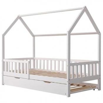 Cama Cabaña Nido Extraíble para Niños 190x90 cm Color Blanco Marceau con Somier de Madera y Barrotes de Seguridad