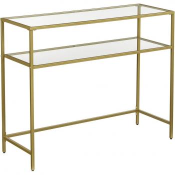 VASAGLE Mesa de Consola de Entrada, Tablero de Vidrio Templado, Marco de Metal, Patas Ajustables, 2 Niveles, Dorado y Transparente/Negro y Transparente/Blanco Perla