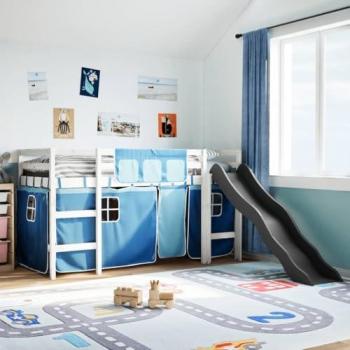 Cama loft para niños con cortinas azules 90x190 cm de pino macizo
