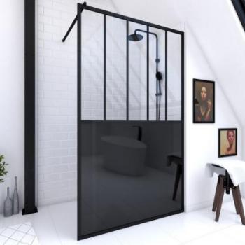 Mampara de ducha fija Black Indus 120 x 200 cm, vidrio templado 5mm y estructura de aluminio negro mate