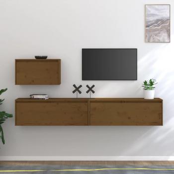 Muebles de soporte de TV de madera maciza de pino ámbar, 3 piezas