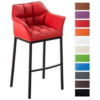 Taburete de Bar Damaso con Base de 4 Pies en Simil Cuero Rojo y Negro, con Respaldo, Reposabrazos y Reposapiés