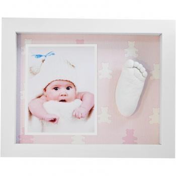Marco con material Huellas del Bebe en 3D Pie o Mano - Fondo Rosa con Ositos - Made in Spain