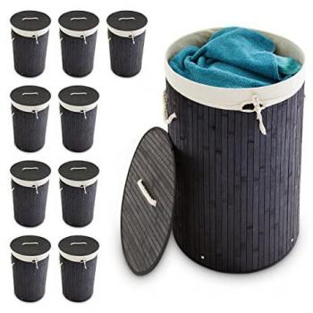 Cesto Portabiancheria Plegable de Bambú, Redondo con Tapa, 70 l, Ø 41 cm, Negro - Pack de 12