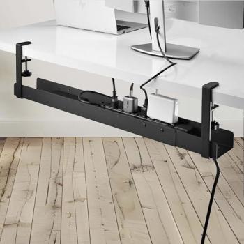 StarTech.com Under Desk Cable Management Tray, Length Adjustable, Clamp-On Installation, No Drilling Required, Power Bar Holder, Black
