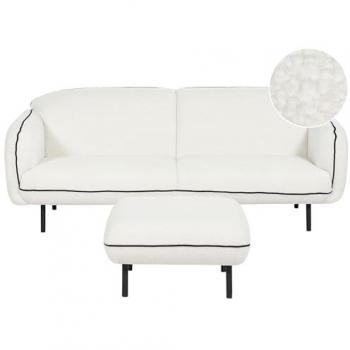 Sofá 3 plazas retro glam art deco con otomana de tejido bouclé blanco, patas de metal y bordes negros Tonsberg
