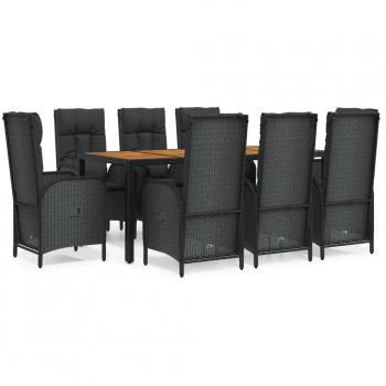 9-Piece Black Poly Rattan Garden Dining Set with Cushions