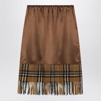 Burberry Women's Brown Midi Satin Skirt with Check Panel and Fringe Finish, Size 8