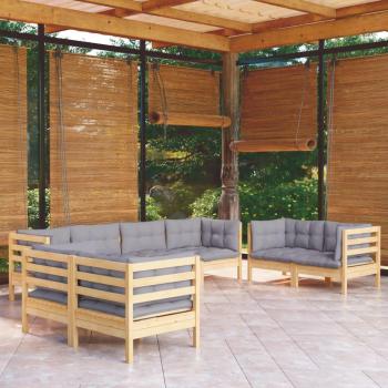 8-Piece Solid Pinewood Garden Lounge Set with Gray Cushions