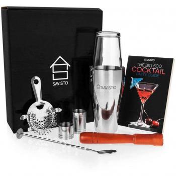 Premium Savisto 8 piezas Para hacer cócteles con Boston coctelera, cristal, libro de cócteles con 500 recetas, larga y medidores de 25 y 50 ml medidas de, trenzado Bar cuchara, colador, palo de mortero de madera, y caja de regalo