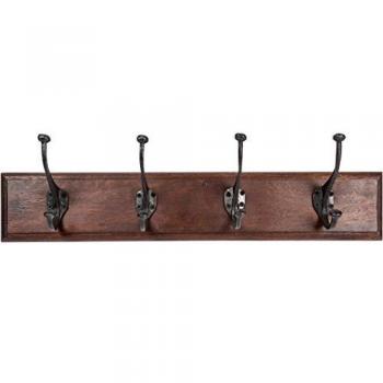 Perchero de Pared de Madera Maciza y Hierro Forjado a Mano con Acabado Nogal - 60x12x16 cm, 4 Ganchos para Ropa