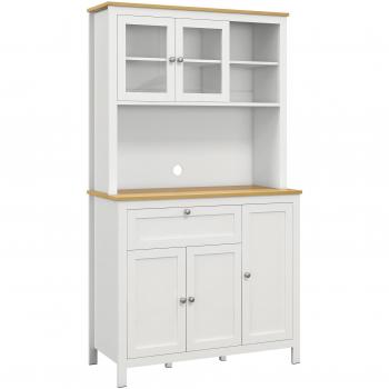 HOMCOM Alacena de Cocina Mueble Auxiliar con 5 Puertas Estante Ajustable Cajón Encimera para Microondas Diseño Minimalista 100x40x180cm Blanco/Natural