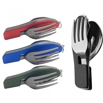 Kadactive Set de cubiertos plegables de camping de acero inoxidable de 4 funciones - Cuchillo, cuchara, tenedor, abrebotellas – inluye funda