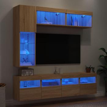 Muebles de TV de pared con luces LED 7 piezas roble sonoma Marrón