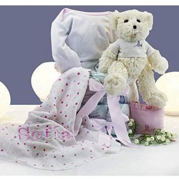 BebeDeParis | Tarta de 60 Pañales con Muselina Personalizada | Osito de Peluche | Incluye chupete en su funda y Body | Talla 2 | 3-6 Meses
