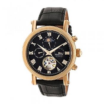 Heritor Winston Automatic Semi-Skeleton Leather Watch - Black & Rose Gold