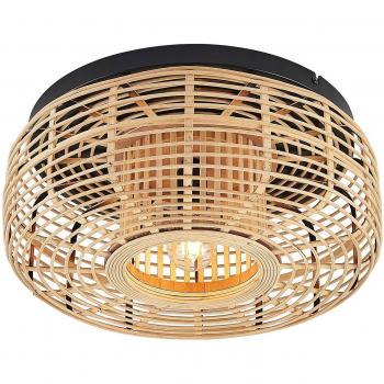 Lindby Ollena plafón de techo vintage en marrón con pantalla de ratán, 1 lámpara E27, ideal para salón y comedor