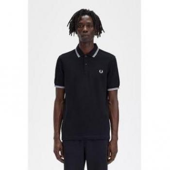 Polo Fred Perry Twin Tipped Negro para Hombre con Detalles de Dos Franjas