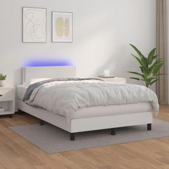 Estructura de cama box spring con colchón y LED, 120x200 cm, cuero sintético blanco