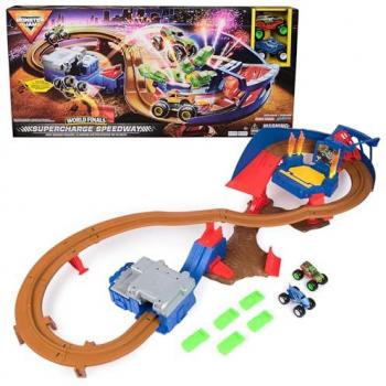 Pista de Carreras Supercargador Monster Jam con 2 Monster Trucks de Metal (Megalodón y Toro Loco) a Escala 1:64, para niños a partir de 3 años