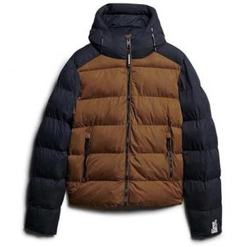 Superdry Colour Block Sport Puffer Jacket with Hood - Navy/Brown, Size L