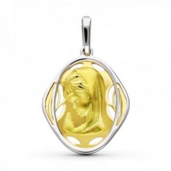 Medalla Virgen Niña 18k Oro Bicolor Colgante Comunión Ovalado Calado