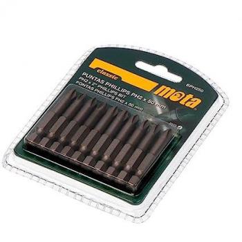 Juego de 10 Puntas para Atornillador Phillips PH2 x 50 mm en Blíster, Acero S2, Hexagonal 1/4