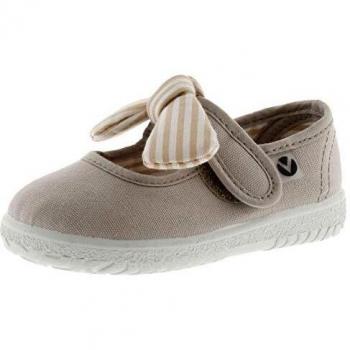 Victoria Ojalá Merceditas - Beige Canvas Baby Sneakers with Striped Bow and Velcro Closure