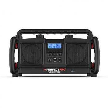 Perfectpro Workstation Portátil Digital Negro - Radio portátil con altavoz, diseño compacto y ligero, sintonizador FM/AM, conectividad Bluetooth, batería recargable de larga duración, pantalla digital para visualización clara, entradas auxiliares y