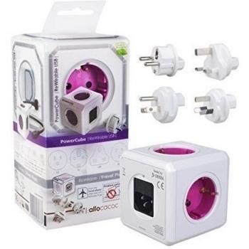 allocacoc PowerCube DuoUSB ReWirable Travel Plugs, Ladrón multiple de viaje con 2 enchufes de USB y con enchufes de viaje para DE/FR/EE UU/UK/AUS, color magenta