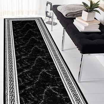 Alfombra de Pasillo Moderna Gloss Elegante con Marco Griego Negro/Gris 80x250 cm