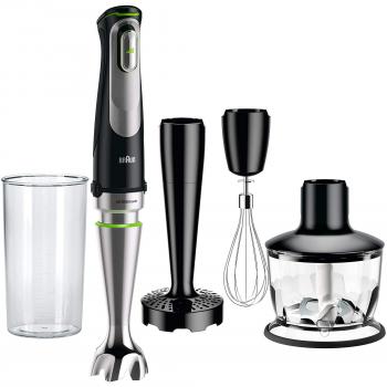 Braun Minipimer 9 MQ9037X Sauce Batidora de Mano Eléctrica, Tecnología Active Blade, Campana Anti-salpicaduras, Picadora de 0.5 l y Varillas, 1000 W, Negro y Plata