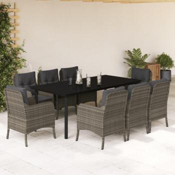 9-Piece Grey Poly Rattan Garden Dining Set with Cushions