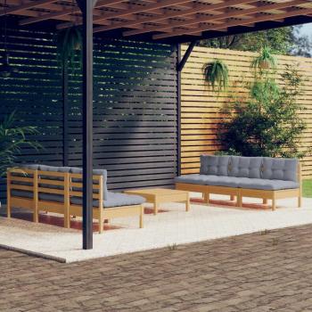 7-Piece Pinewood Garden Lounge Set with Gray Cushions